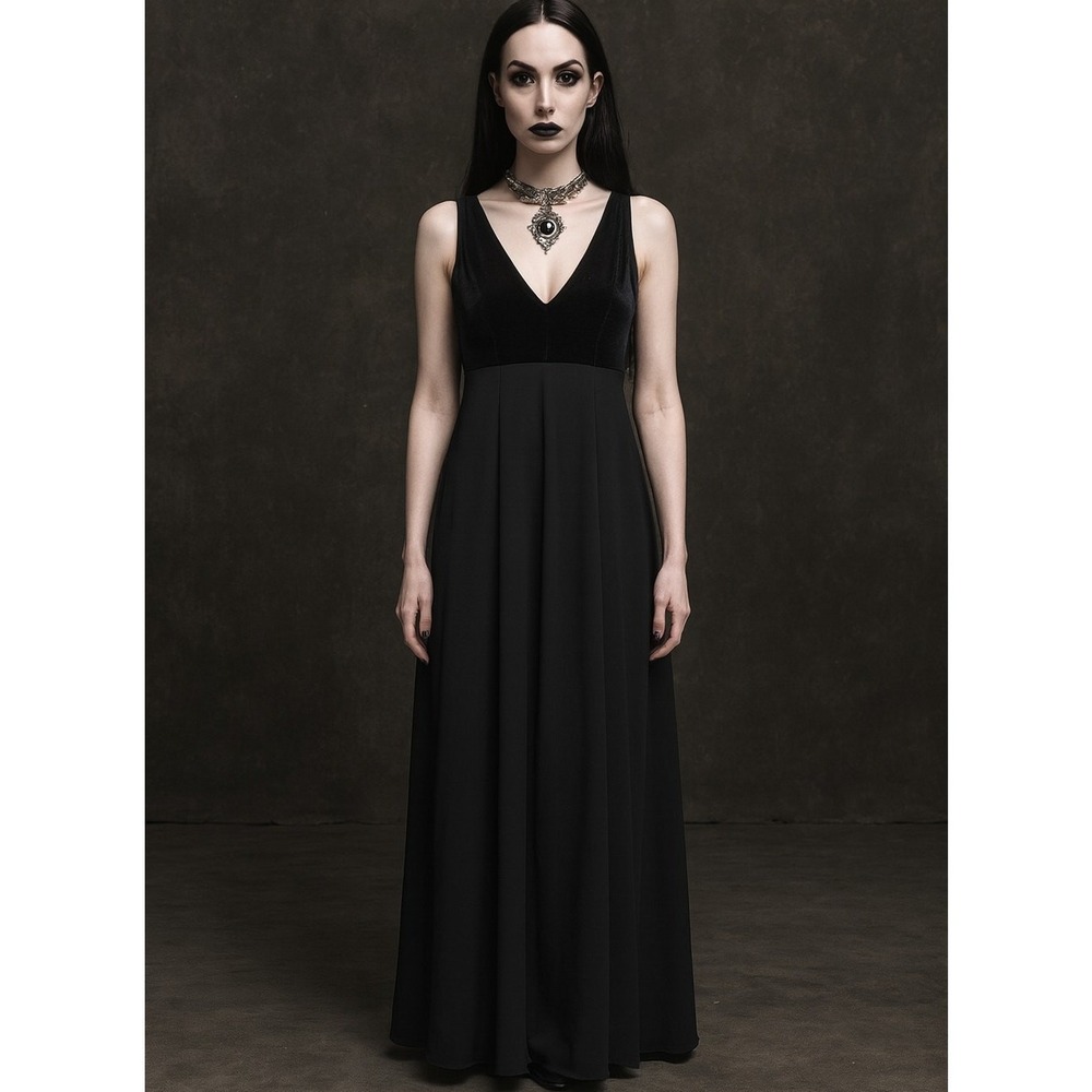 VTG Scott McClintock Black Velvet Chiffon Maxi Dress Gown Goth 90s USA Size 8
